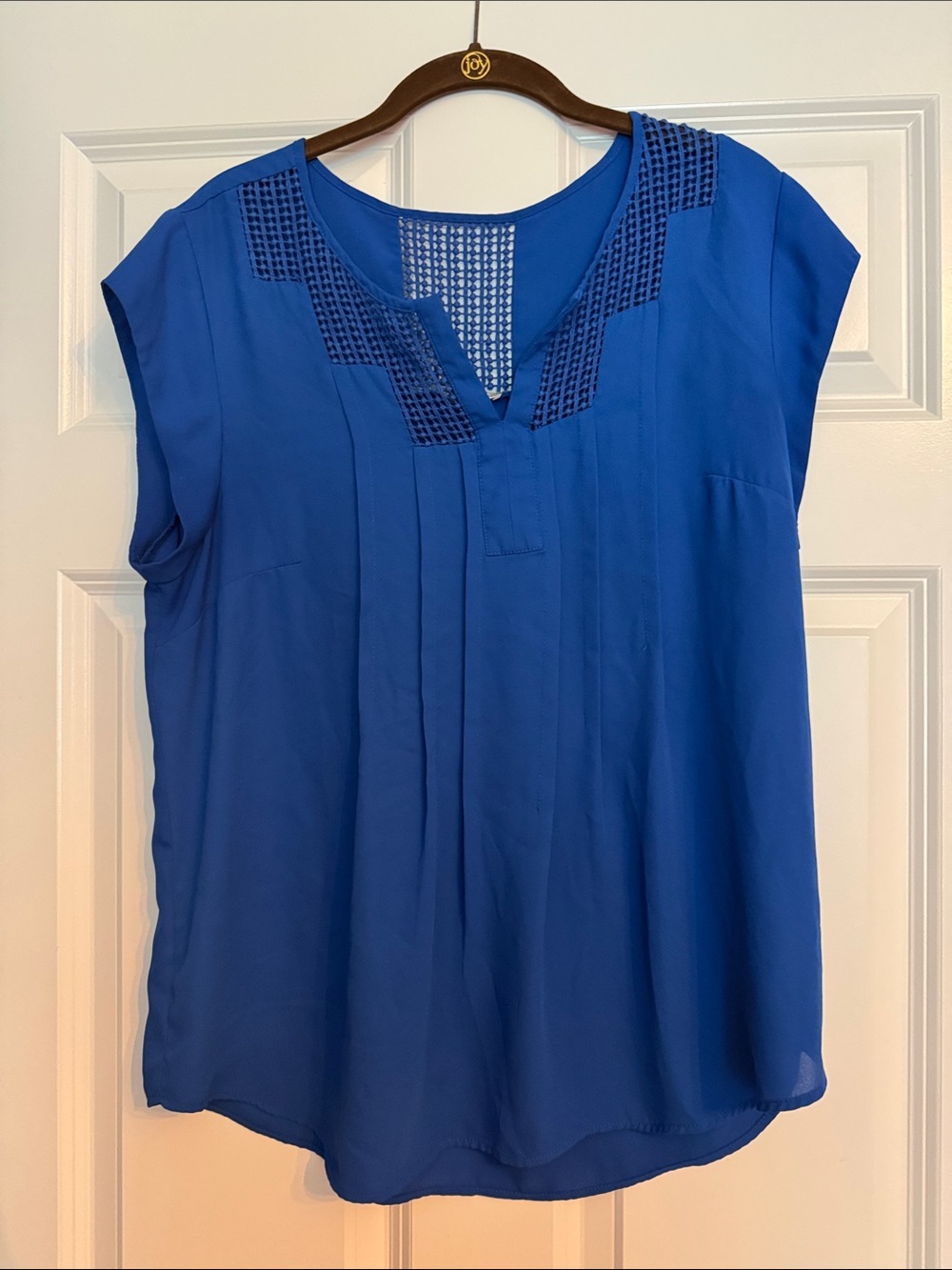 Daniel Rainn Royal Blue Split-Neck Pintuck Blouse